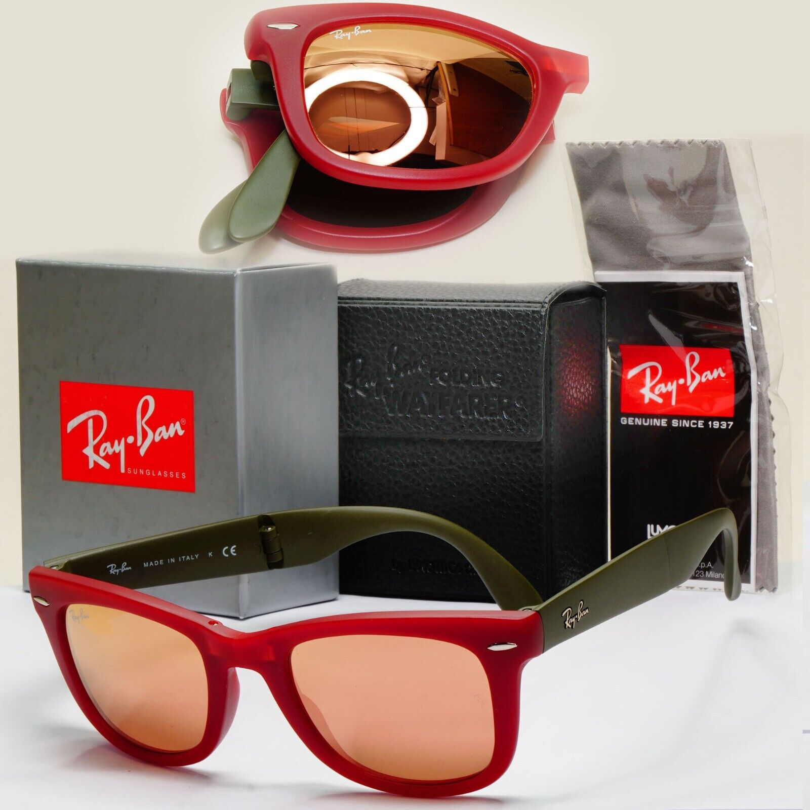 Ray-Ban Sunglasses Folding Wayfarer Red Green Gold Mirror RB 4105 6019/69 50mm
