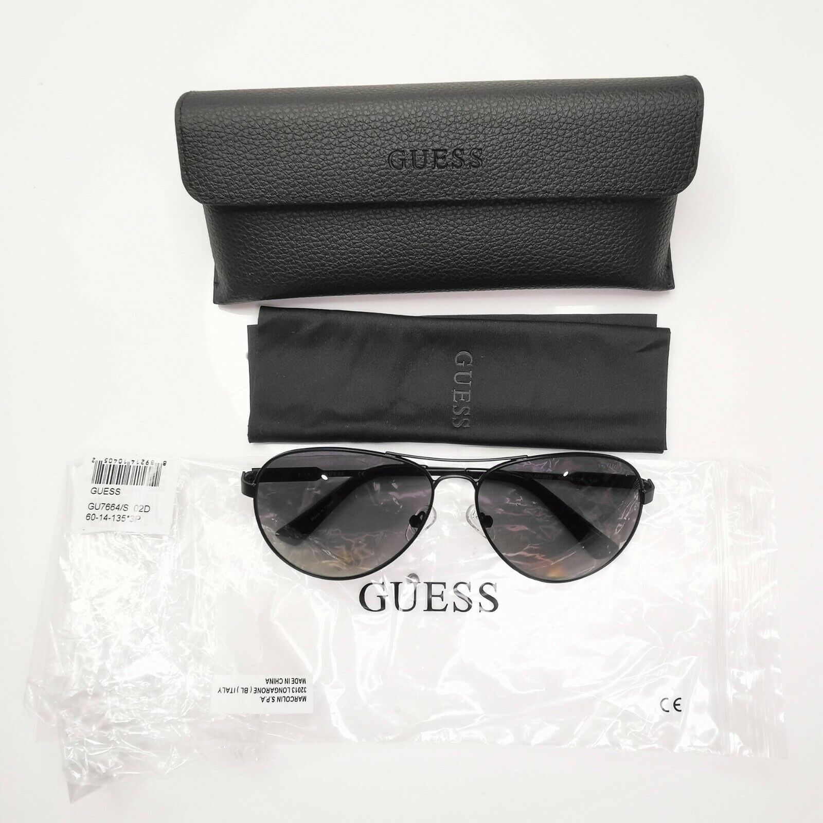Guess Sunglasses Black Polarized Pilot Metal Gradient Smoke GU 7664 02D 60mm