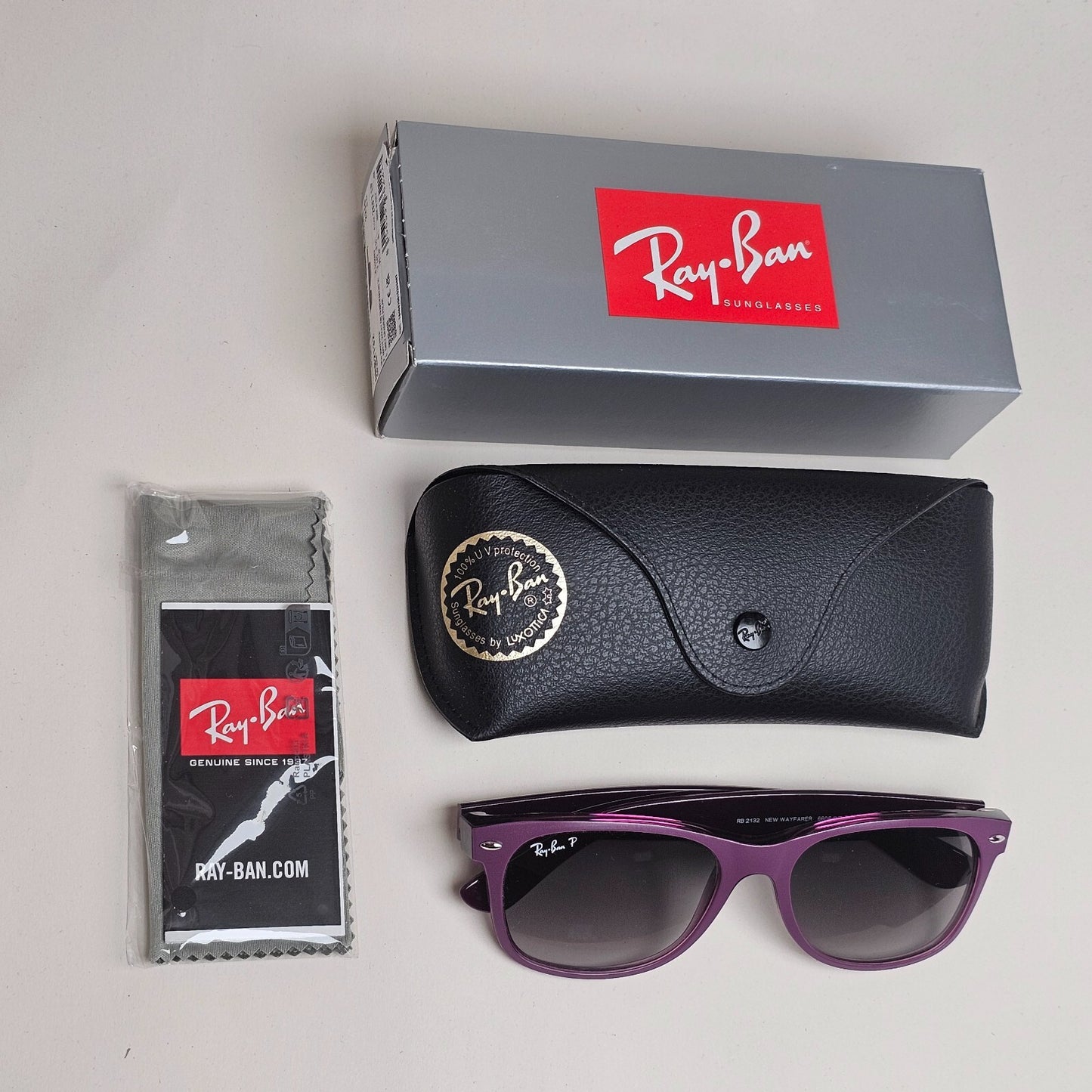 Ray-Ban Sunglasses Polarised New Wayfarer Grey Violet RB 2132 6606/M3 55mm