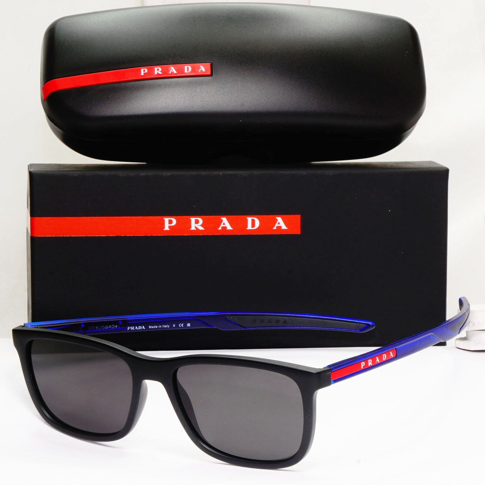 Prada Sunglasses Black Blue Square Red Stripe PS07OV VPS 07O 15C-1O1 54mm