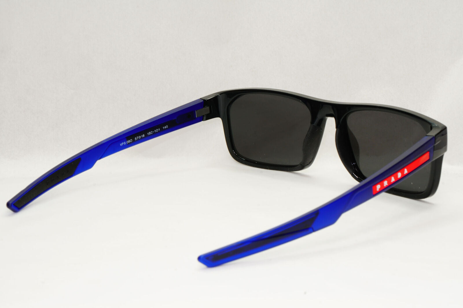 Prada Sunglasses Black Blue Square Red Stripe PS08OV VPS 08O 15C-1O1 57mm