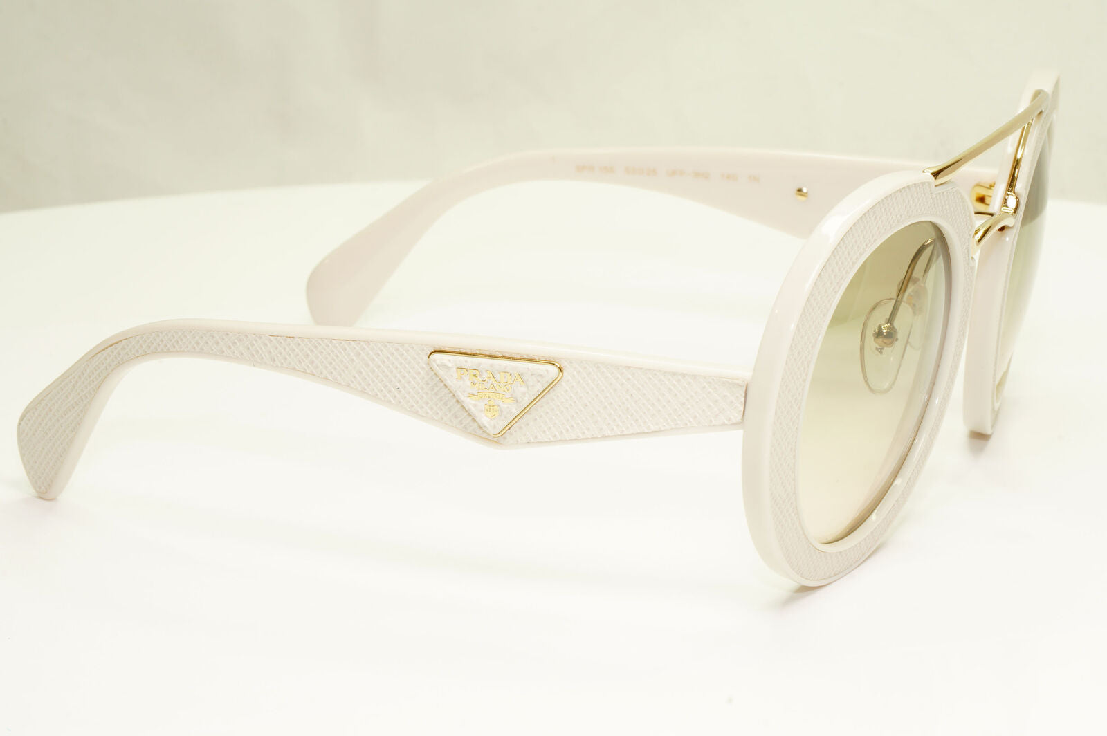 Prada White Ivory Ornate Sunglasses Leather Triangle Gold PR15SS SPR 15S UFP-3H2
