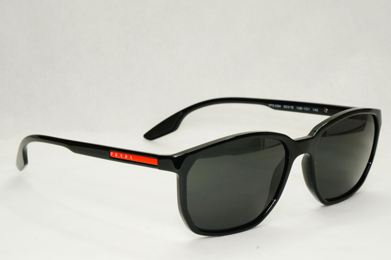 Prada Sunglasses Black Glossy Square Red Stripe PS03MV VPS 03M 1AB-1O1 55mm