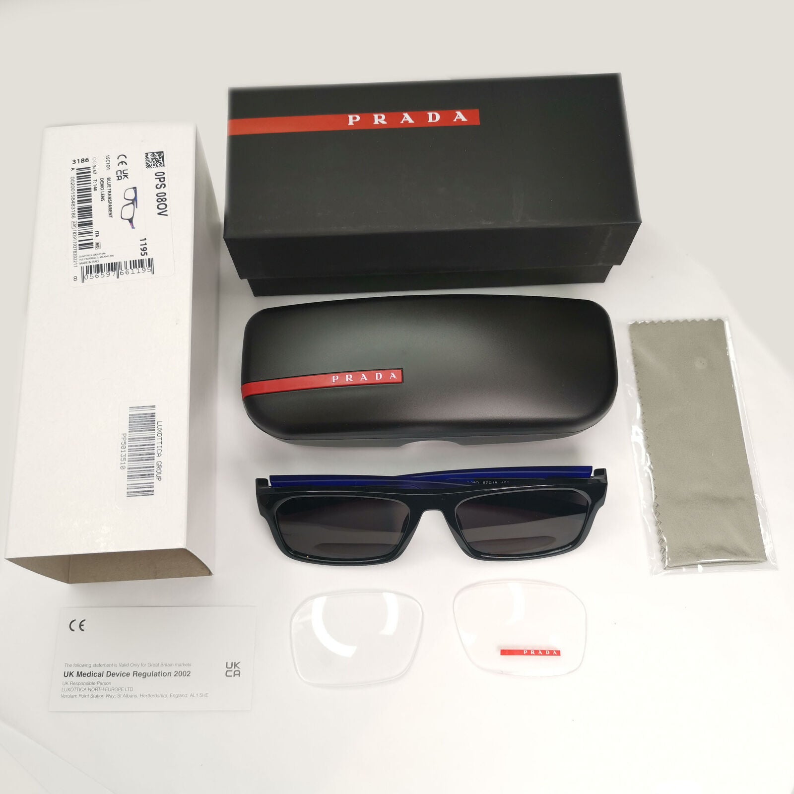 Prada Sunglasses Black Blue Square Red Stripe PS08OV VPS 08O 15C-1O1 57mm
