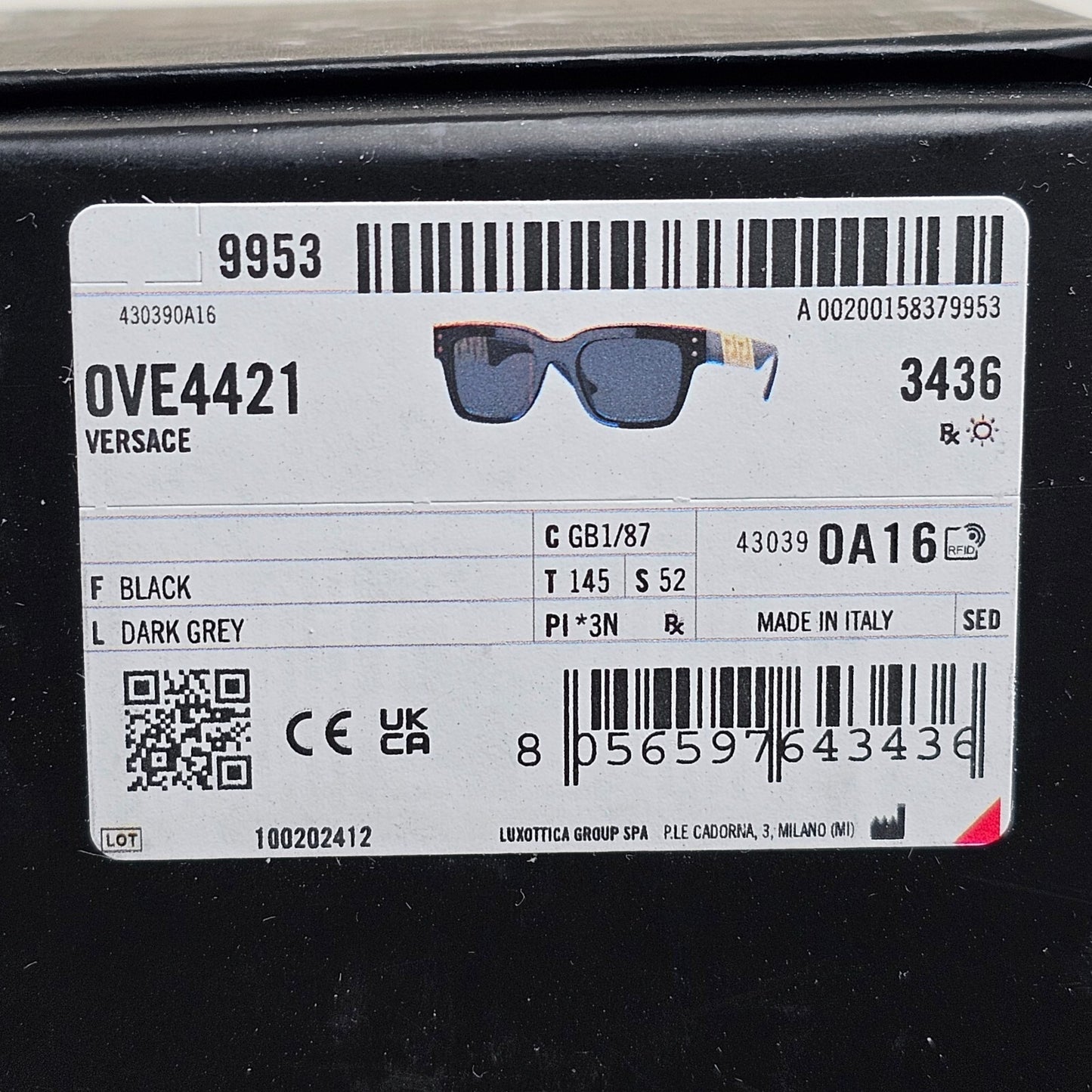 Versace Sunglasses Black Gold Meander Square MOD VE 4421 GB1/87 52mm
