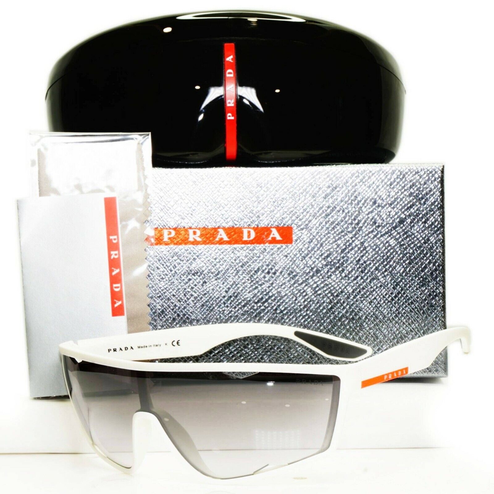 Authentic Prada Mens Sunglasses White Grey Silver Shield Visor SPS 09U TWK-5O0