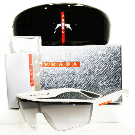 Authentic Prada Mens Sunglasses White Grey Silver Shield Visor SPS 09U TWK-5O0
