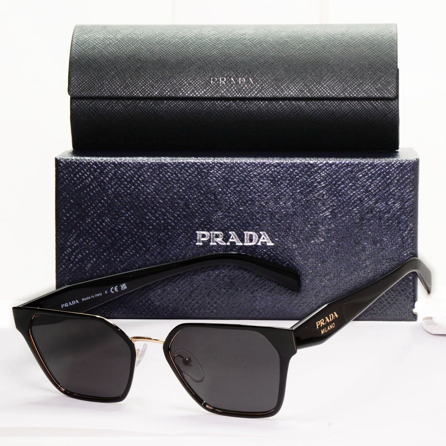 Prada Sunglasses Black Gold Square Metal Milano PR63WV VPR 63W 1AB-1O1 53mm