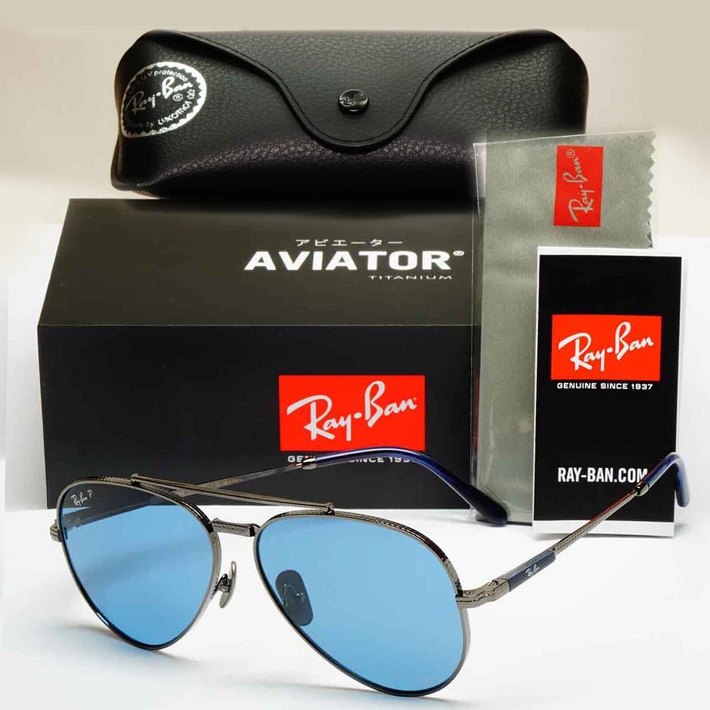 Ray-Ban Sunglasses Aviator Titanium Polarised Gunmetal Blue RB 8225 3142/S2 62mm