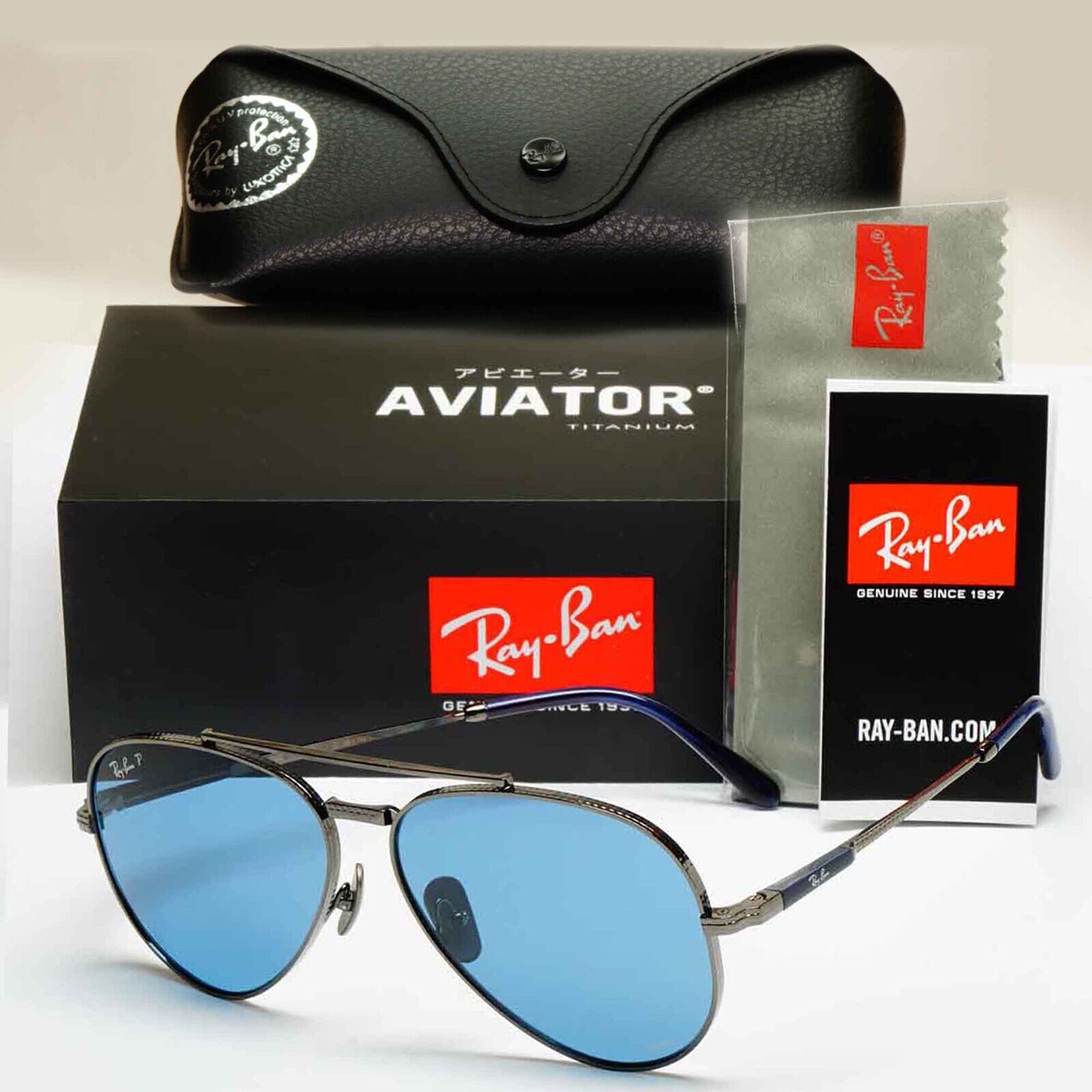 Ray-Ban Sunglasses Aviator Titanium Polarised Gunmetal Blue RB 8225 3142/S2 62mm