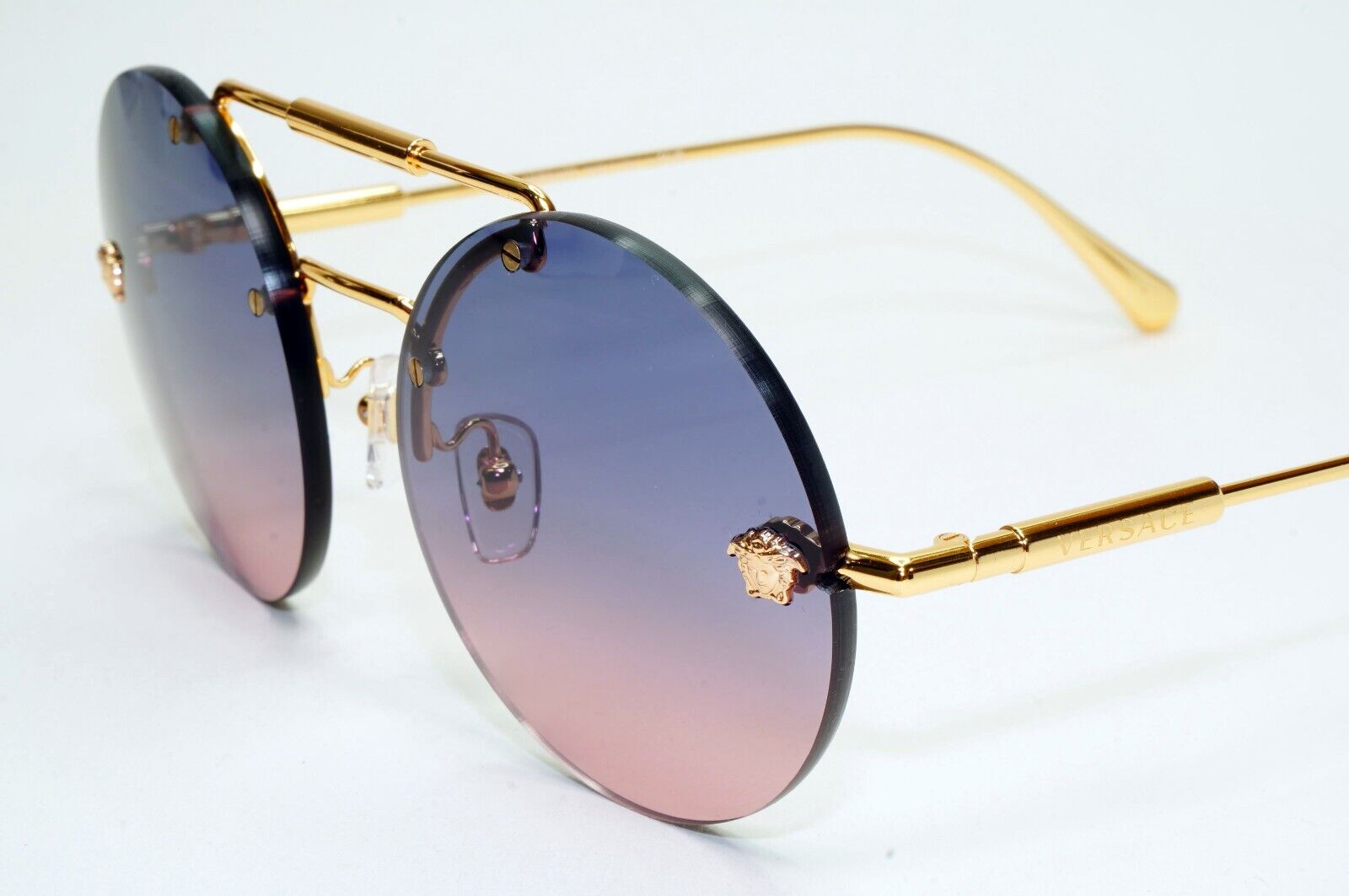 Versace Sunglasses Rimless Gold Medusa Blue Gradient Pink MOD VE 2244 1002/I6
