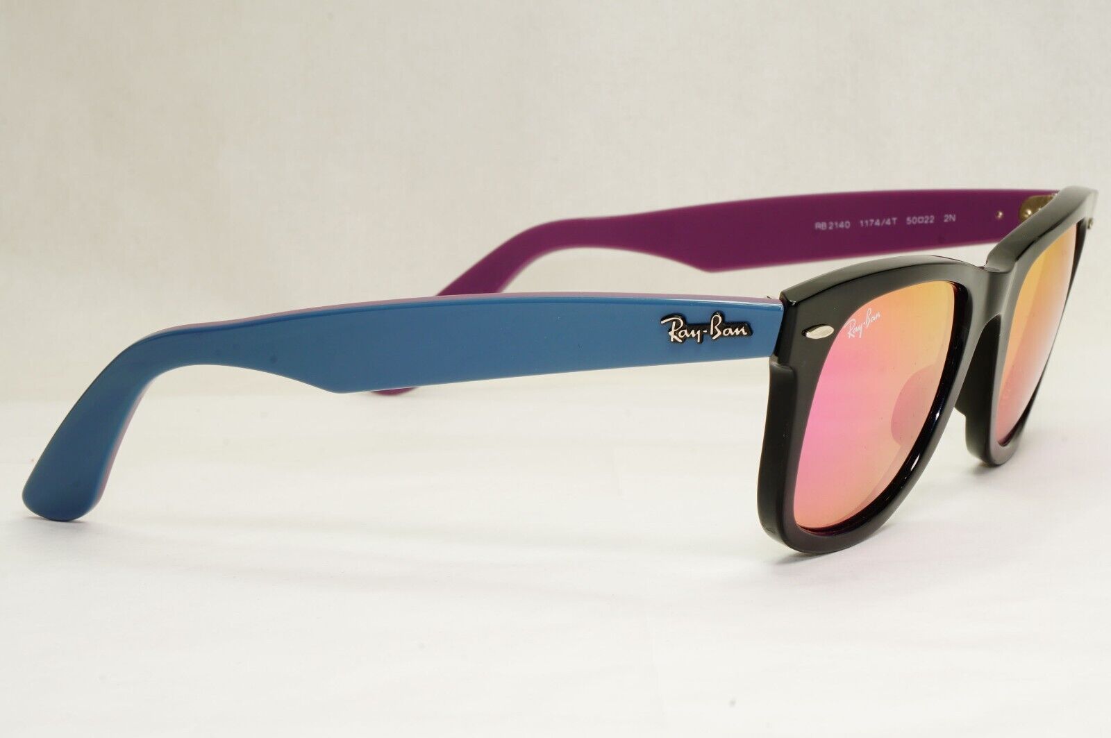 Ray-Ban Sunglasses Wayfarer Black Blue Mirror Violet Fuxia RB 2140 1174/4T 50mm
