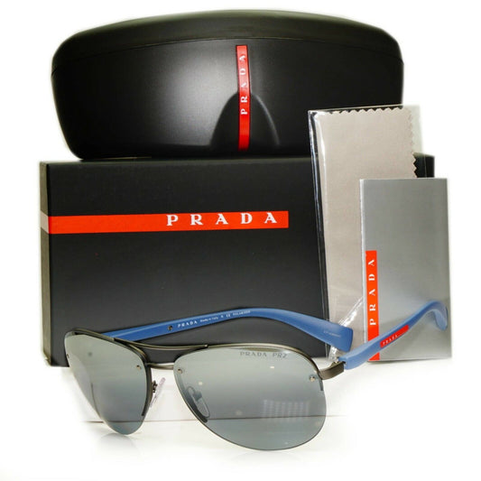 Prada Polarized Blue Sunglasses Silver Mirror Pilot 62mm Mens SPS 56M DG1-2F2