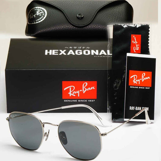Ray-Ban Sunglasses Hexagonal Titanium Polarised Silver Black RB 8148 9209/48 54m