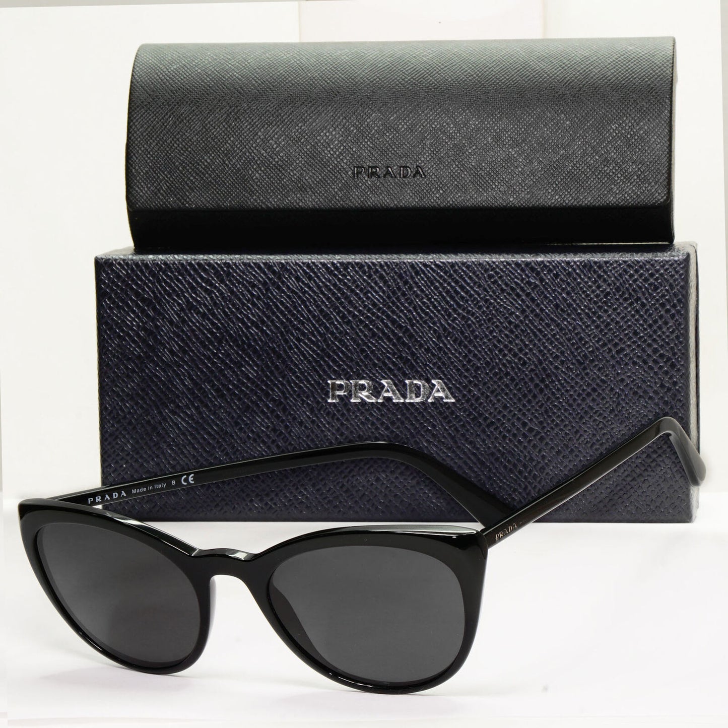Prada Sunglasses Black Cat Eye Glossy Womens Fashion PR07VV VPR 07V 1AB-1O1 53mm