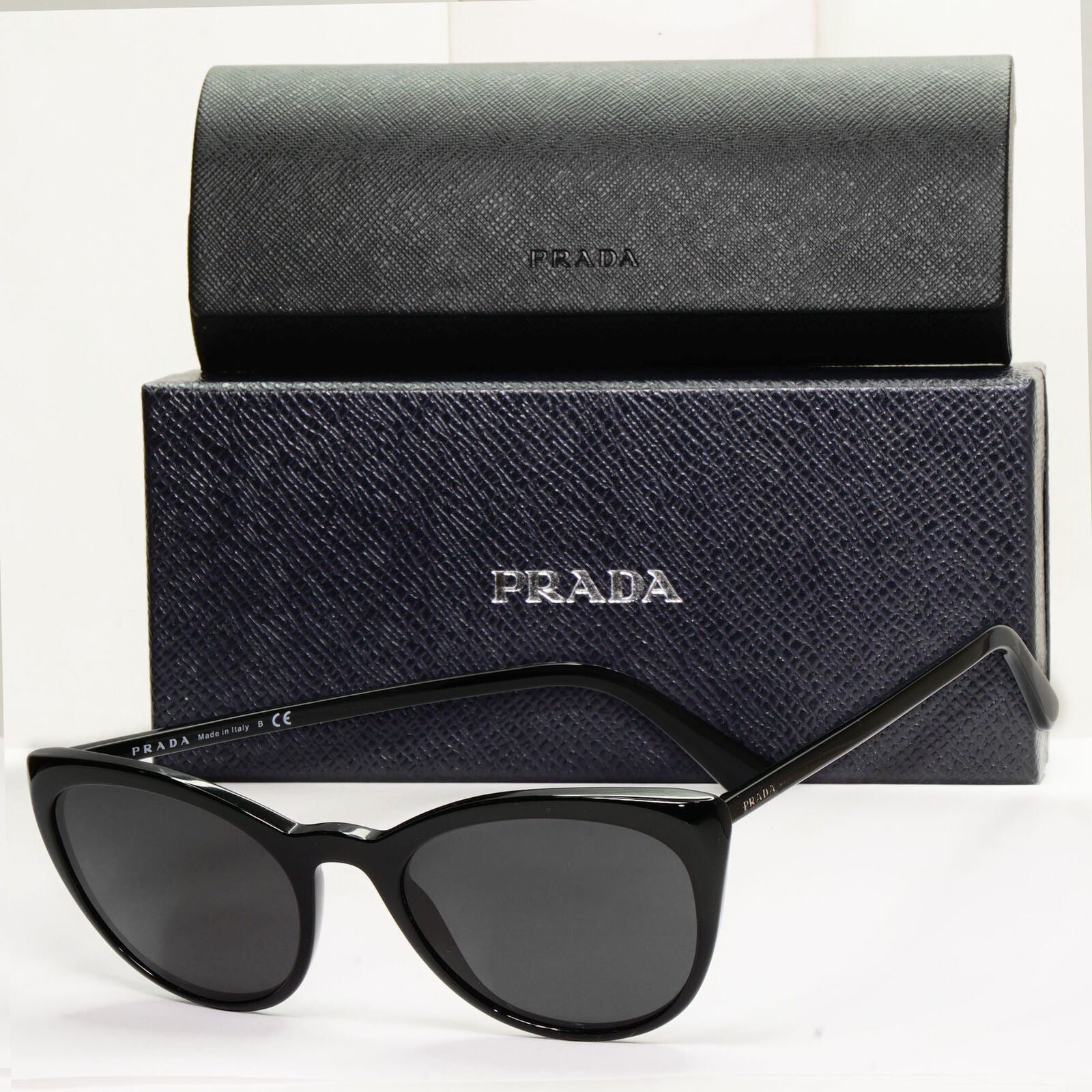 Prada Sunglasses Black Cat Eye Glossy Womens Fashion PR07VV VPR 07V 1AB-1O1 53mm