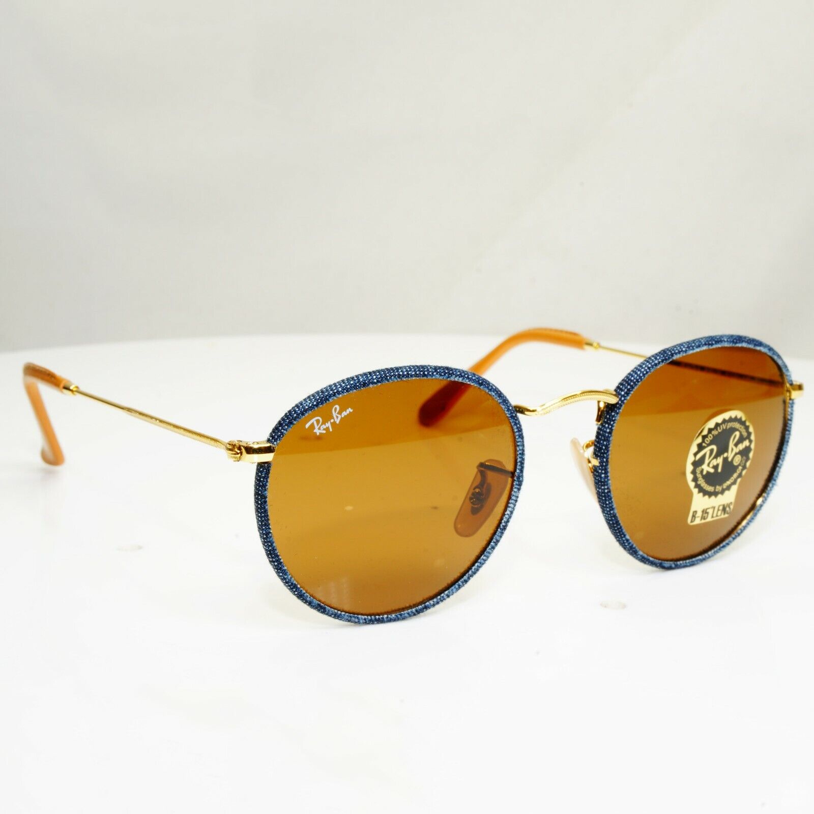 Ray-Ban Round Gold Sunglasses Blue Brown Craft Denim RB 3475-Q 9192/33 30674