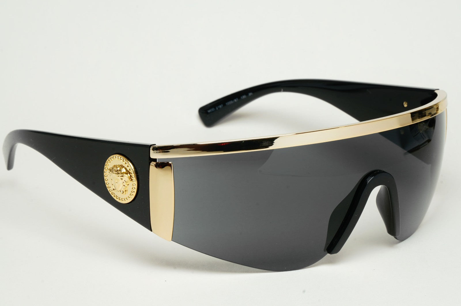 Versace Sunglasses Gold Medusa Shield Visor Black 1996 Tribute MOD 2197 1000/87