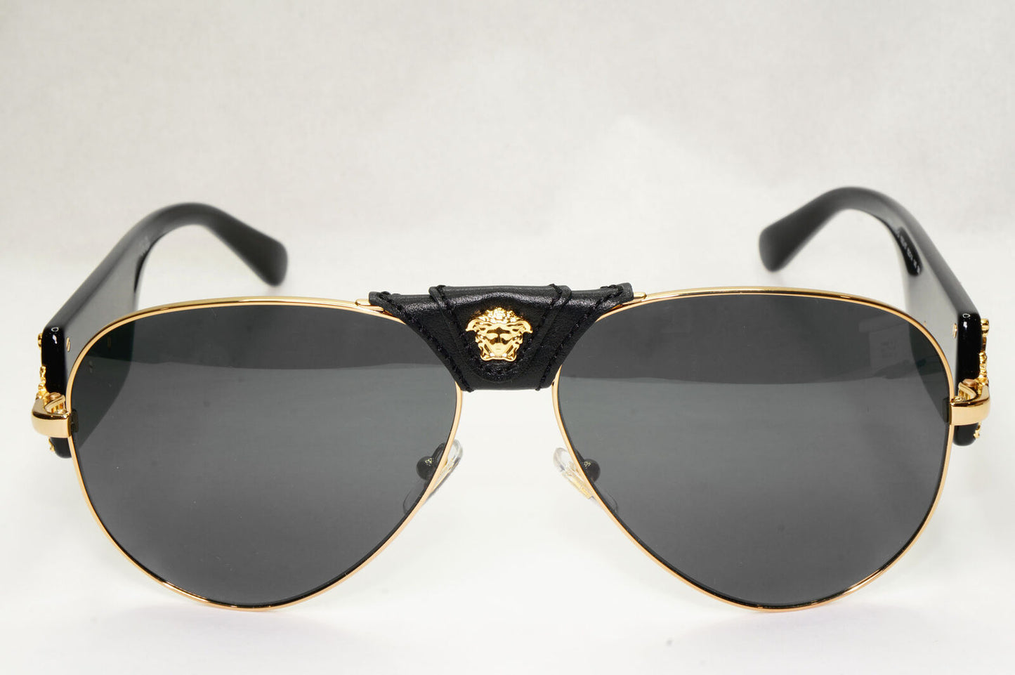 Versace Sunglasses Black Gold Pilot Medusa Leather Ornate MOD VE 2150-Q 1002/87
