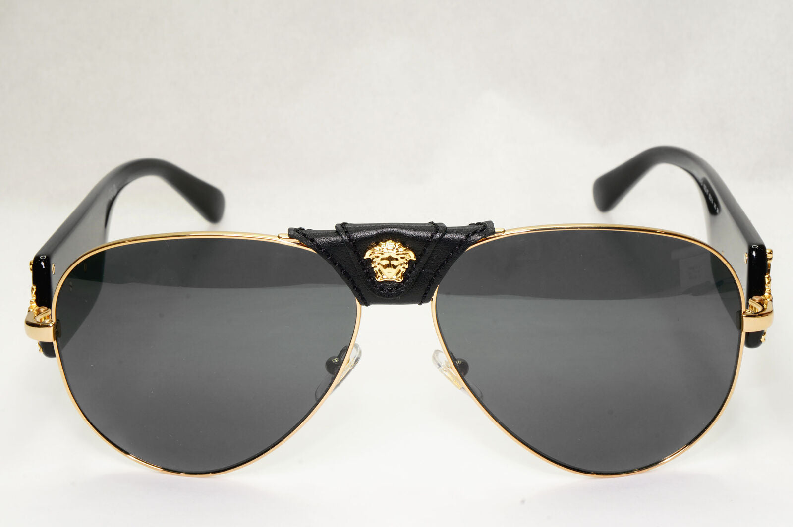 Versace Sunglasses Black Gold Pilot Medusa Leather Ornate MOD VE 2150-Q 1002/87