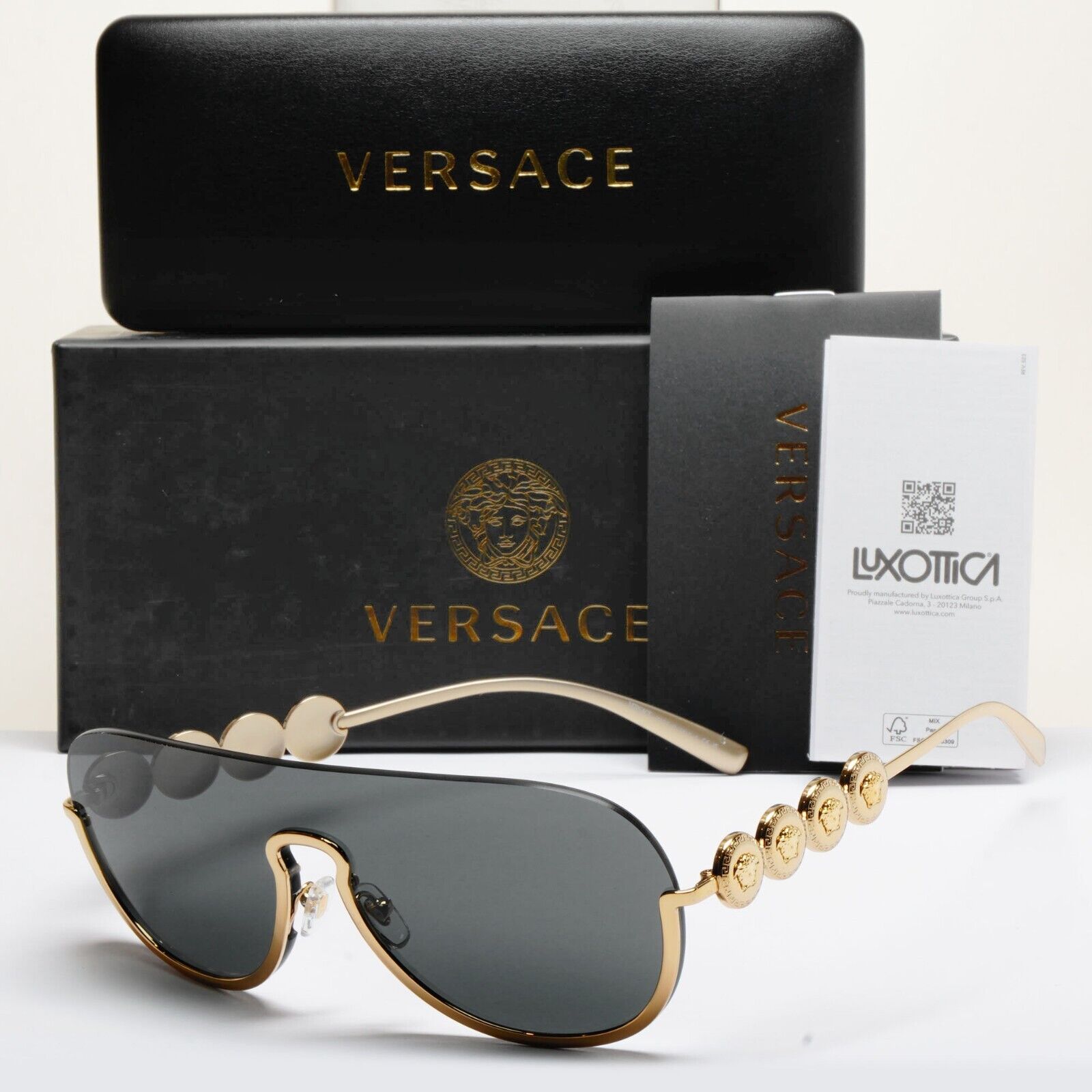 Versace Sunglasses Gold Medusa Visor Shield Shiny Dark Grey MOD VE 2215 1002/87