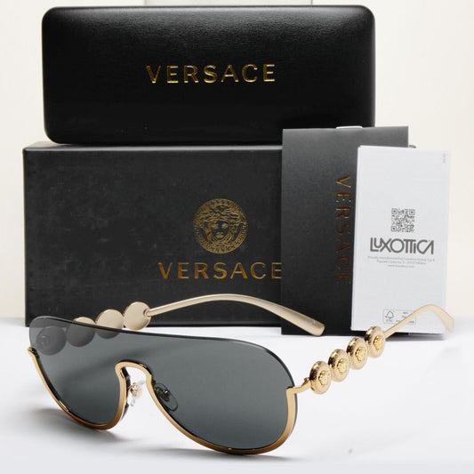 Versace Sunglasses Gold Medusa Visor Shield Shiny Dark Grey MOD VE 2215 1002/87