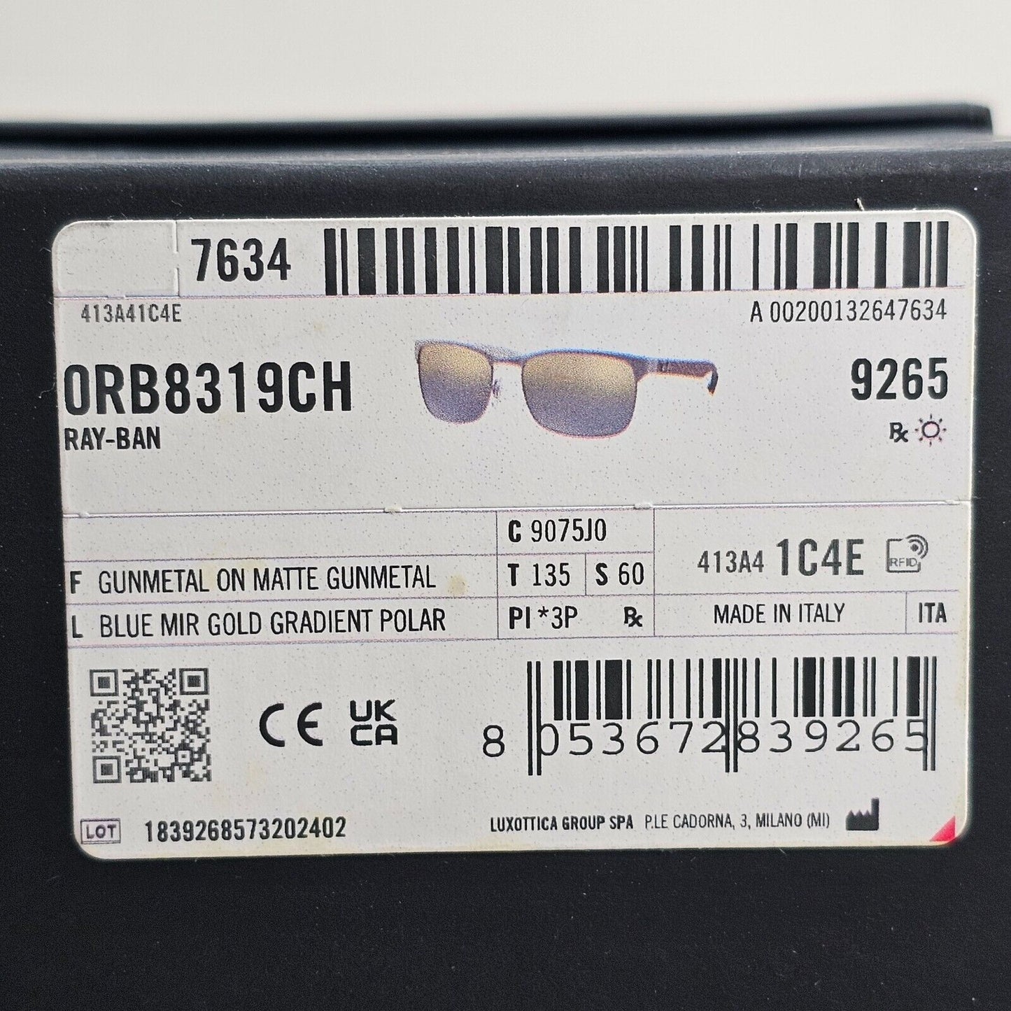 Ray-Ban Sunglasses Carbon Fibre Polarised Tech Chromance Grey RB 8319-CH 9075/J0
