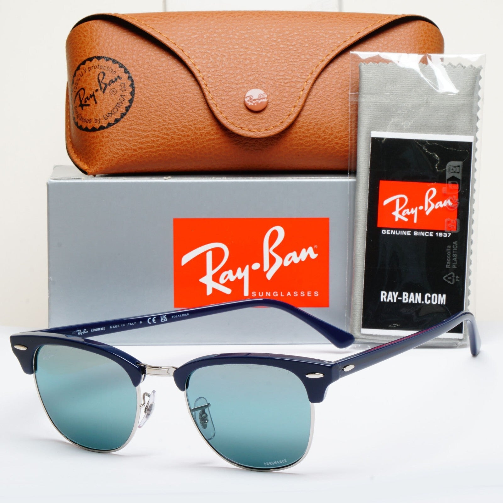 Ray-Ban Sunglasses Clubmaster Polarised Blue Chromance Mirror RB 3016 1366/G6