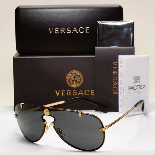 Versace Sunglasses Black Gold Pilot Medusa Metal Shield MOD VE 2243 1002/87