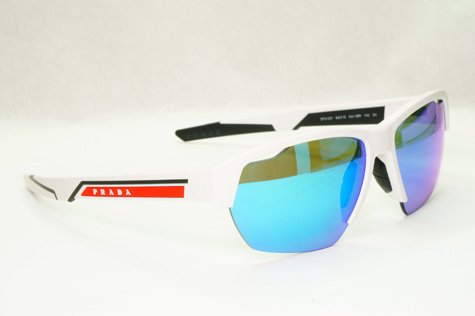 Prada Sunglasses White Blue Mirror Wrap Sport Red Stripe PS03YS SPS 03Y AAI-08R