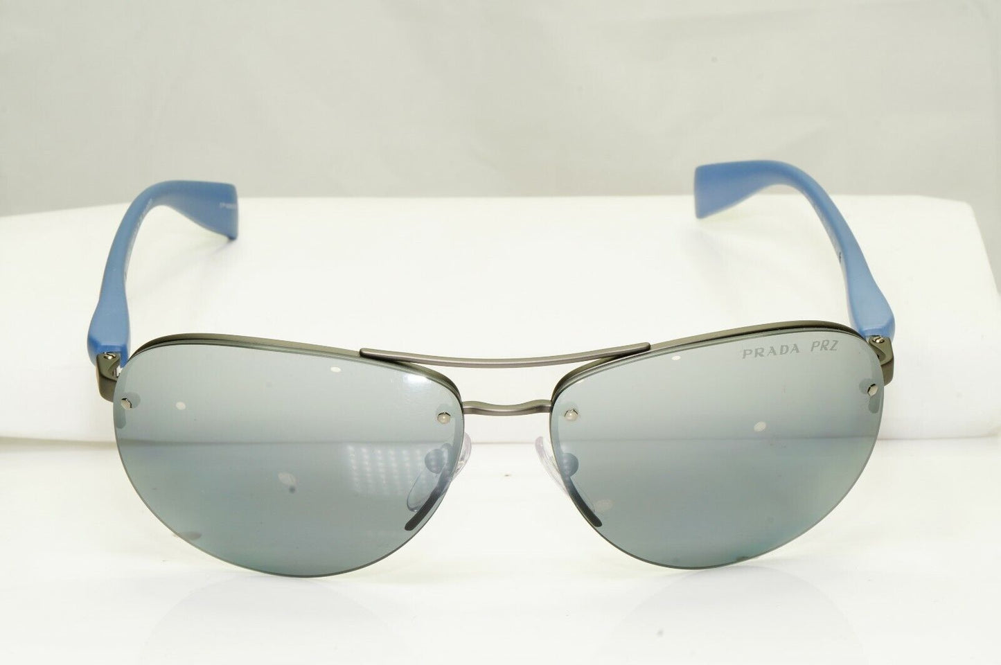 Prada Polarized Blue Sunglasses Silver Mirror Pilot 62mm Mens SPS 56M DG1-2F2
