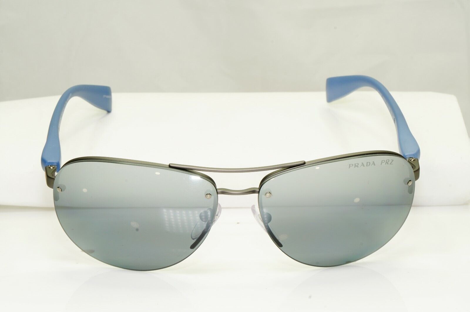 Prada Polarized Blue Sunglasses Silver Mirror Pilot 62mm Mens SPS 56M DG1-2F2