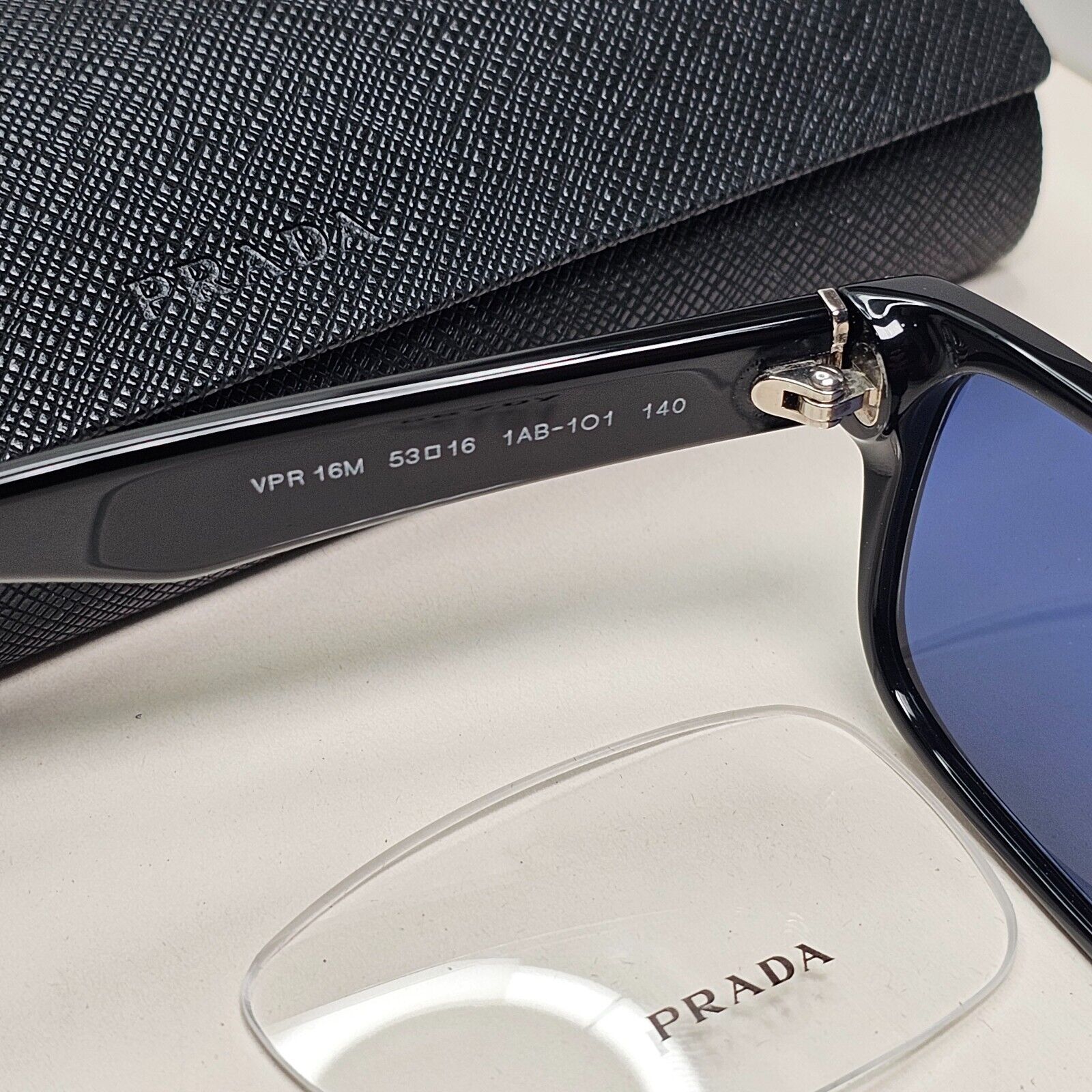 Prada Sunglasses Black Blue Glossy Rectangle Square PR16MV VPR 16M 1AB-1O1 53mm