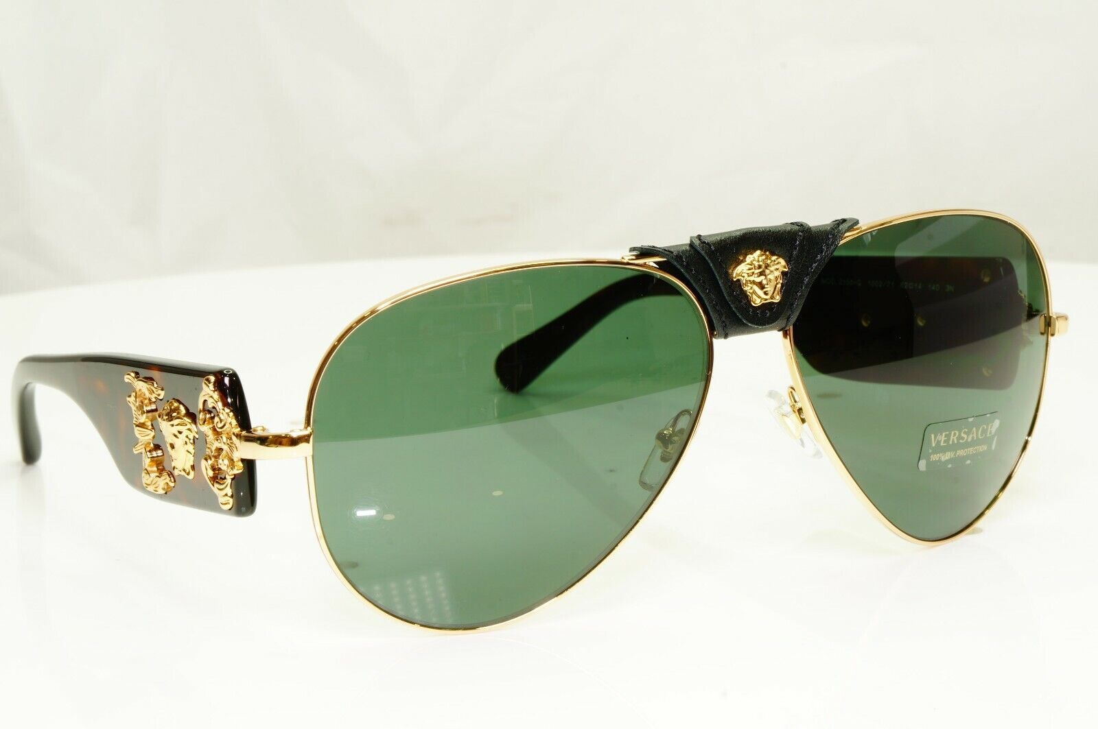 Versace Gold Medusa Ornate Brown Green Sunglasses Pilot Tortoise 2150-Q 1002/71