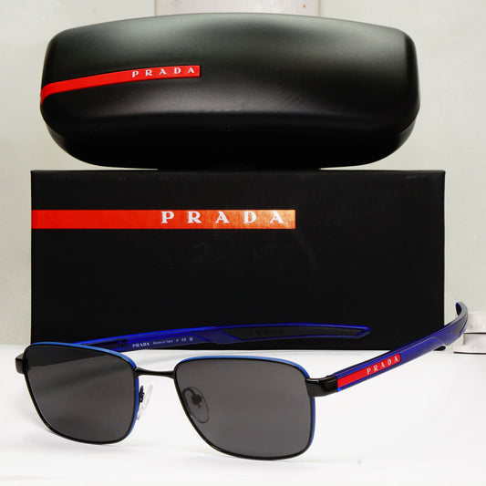Prada Sunglasses Black Blue Square Red Stripe PS54OV VPS 54O 16C-1O1 55mm