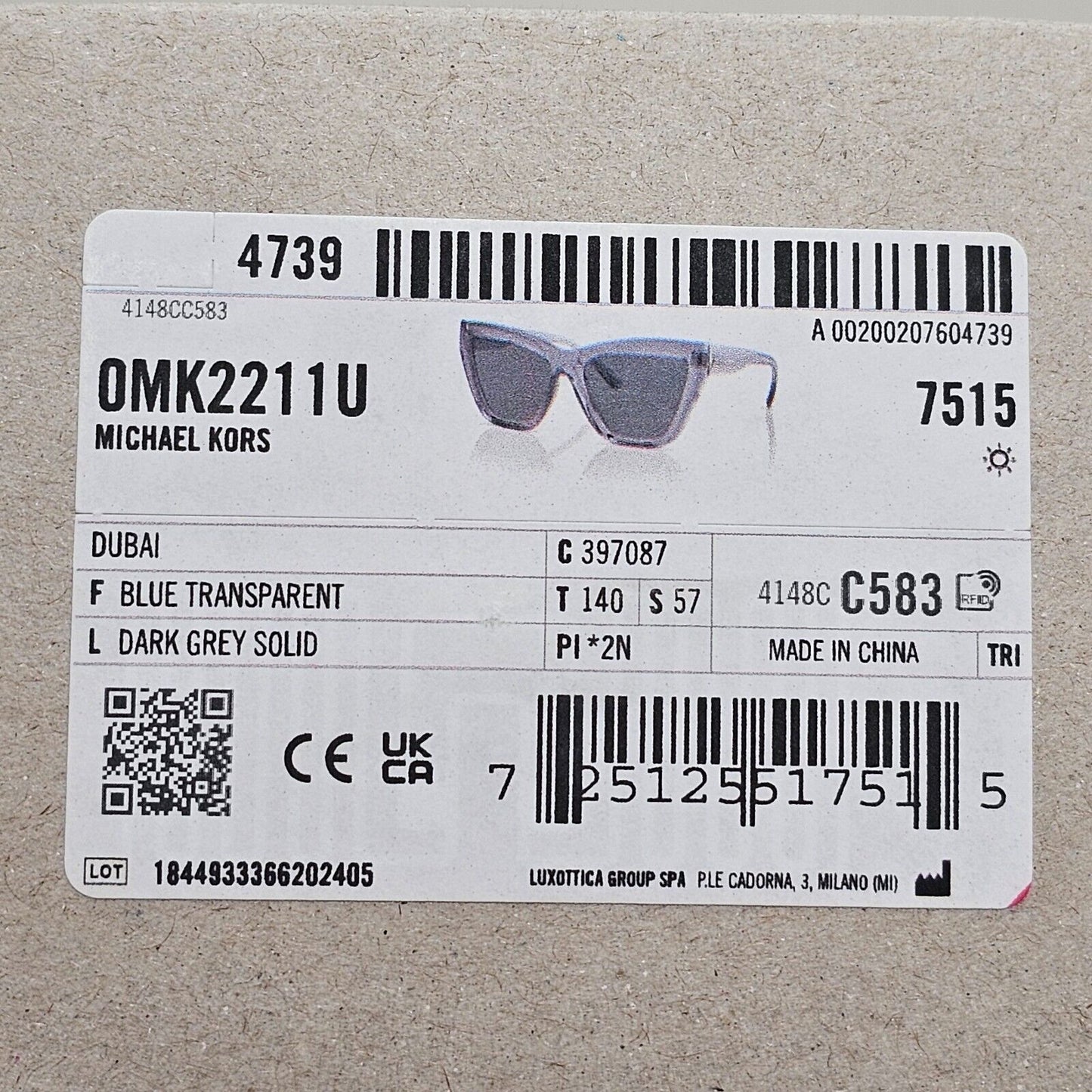 Michael Kors Sunglasses Dubai Grey Transparent Square MK 2211U 3970/87