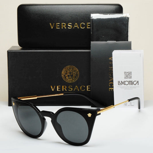 Versace Sunglasses Black Gold Cat Eye Medusa Dark Grey MOD VE 4410 GB1/87 60mm