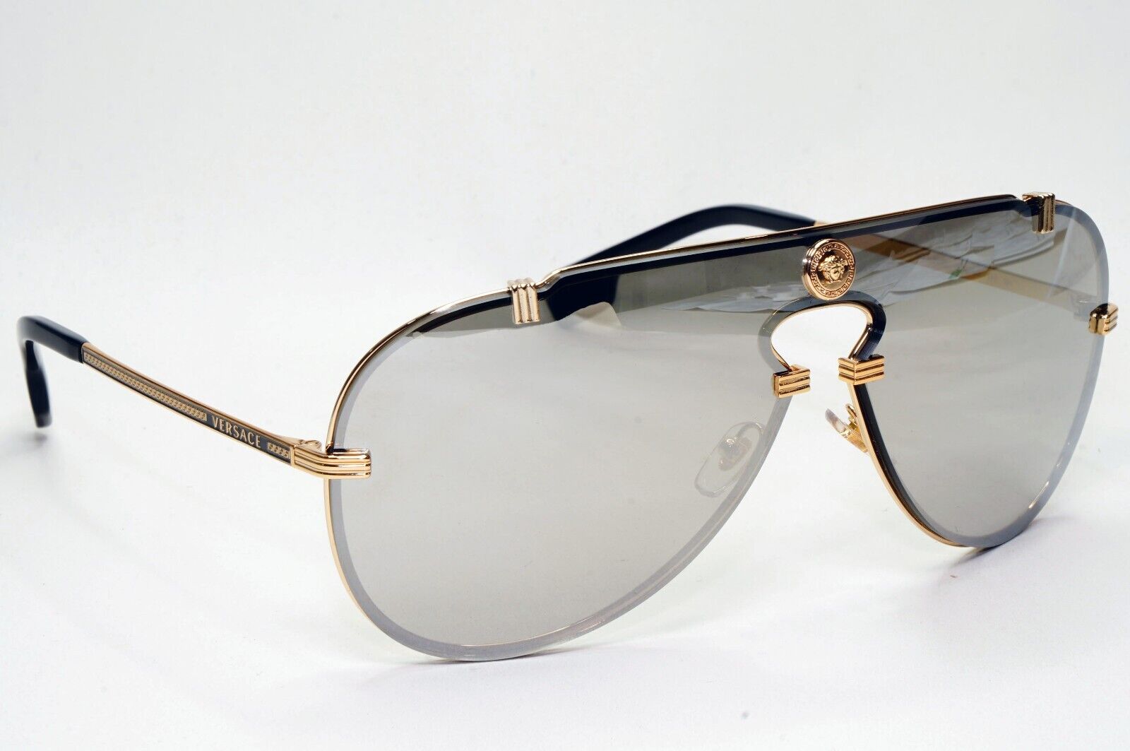Versace Sunglasses Gold Silver Mirror Medusa Pilot Shield MOD VE 2243 1002/6G