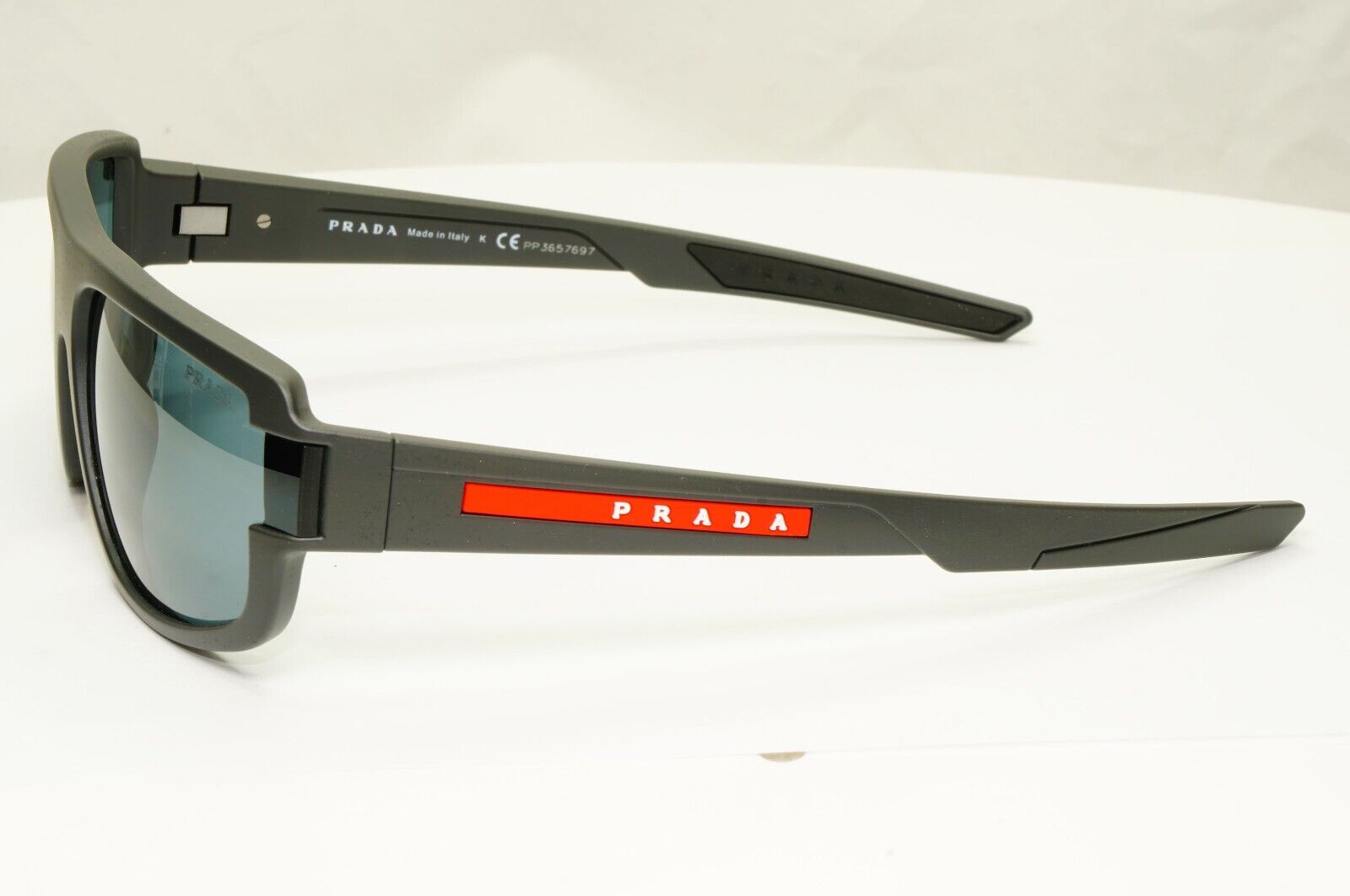 Prada Sunglasses Grey Mirror Red Stripe Rossa Rectangle SPS 03W UFK-07G PS03WS