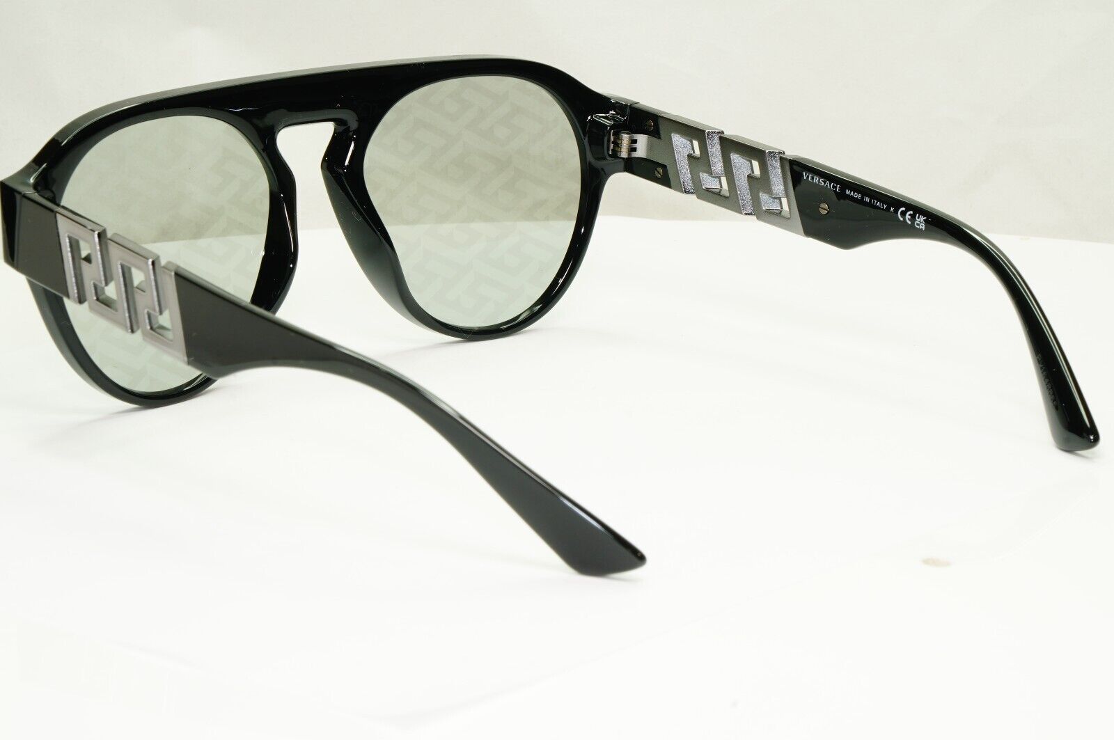 Versace Monogram Mirror Sunglasses Black Silver Pattern Pilot VE 4420 GB1/AL