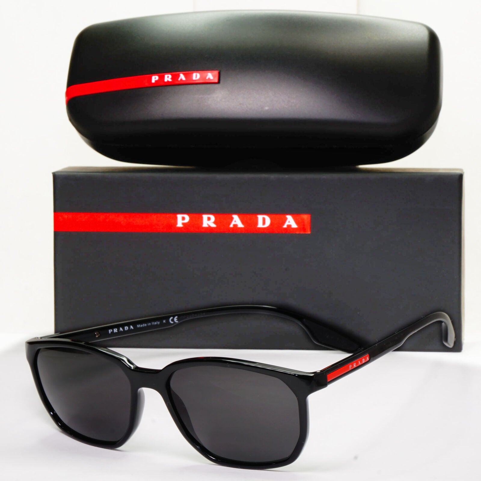 Prada Sunglasses Black Glossy Square Red Stripe PS03MV VPS 03M 1AB-1O1 55mm