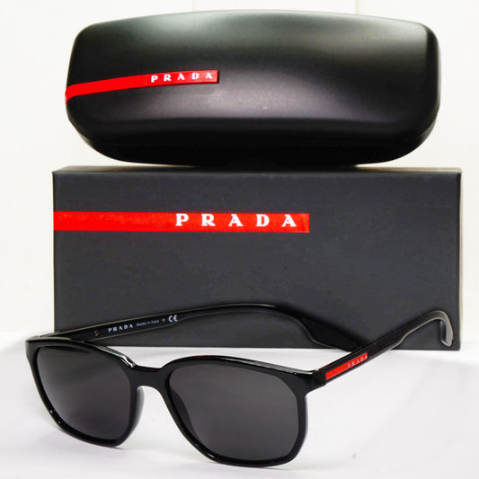 Prada Sunglasses Black Glossy Square Red Stripe PS03MV VPS 03M 1AB-1O1 55mm