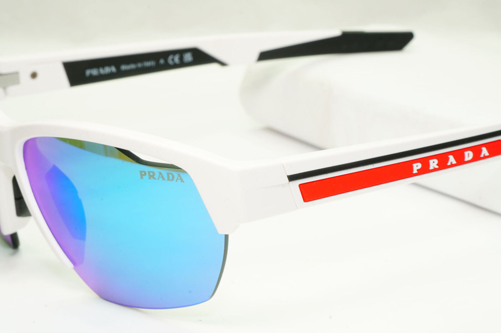 Prada Sunglasses White Blue Mirror Wrap Sport Red Stripe PS03YS SPS 03Y AAI-08R