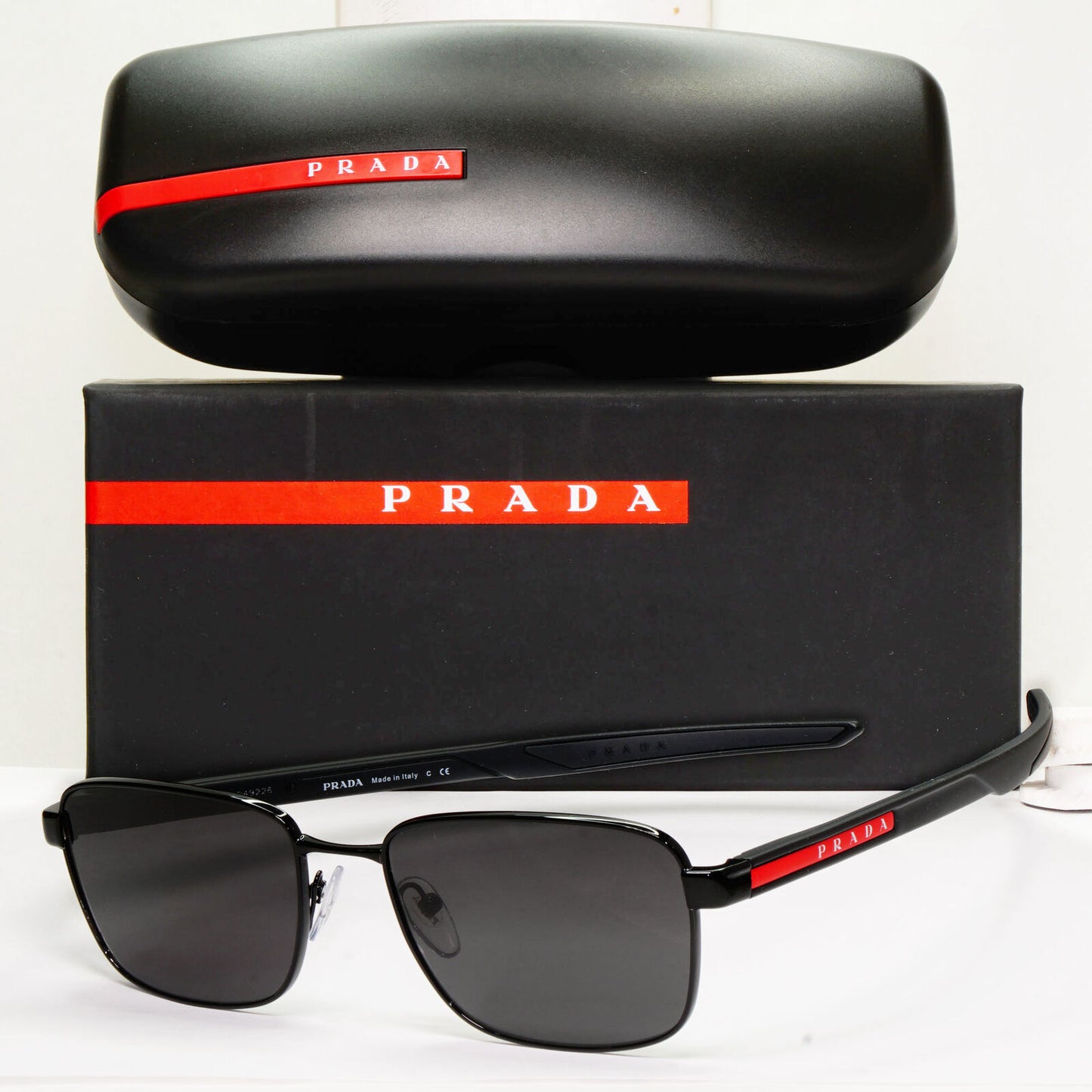 Prada Sunglasses Black Square Metal Red Stripe PS54OV VPS 54O 1AB-1O1 55mm