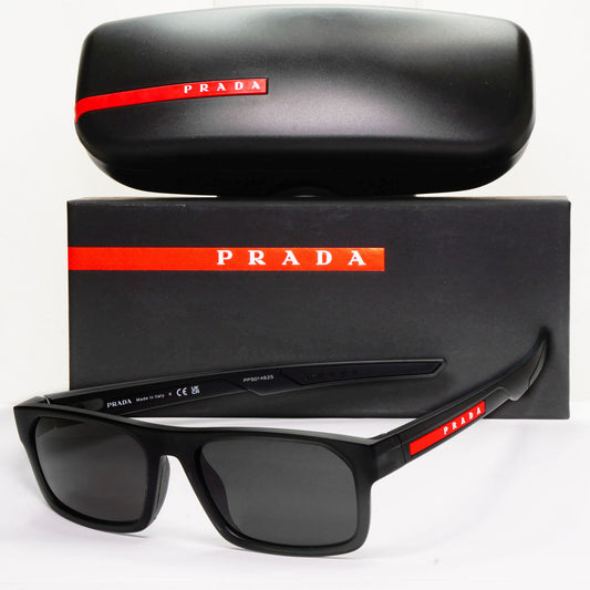 Prada Sunglasses Black Transparent Square Red Stripe PS08OV VPS 08O 13C-1O1 55mm