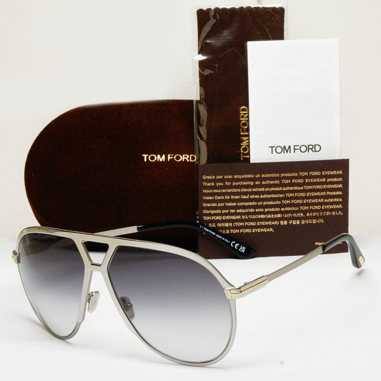Tom Ford Sunglasses Xavier Silver Grey Gradient Large Pilot Metal TF 1060 16B A