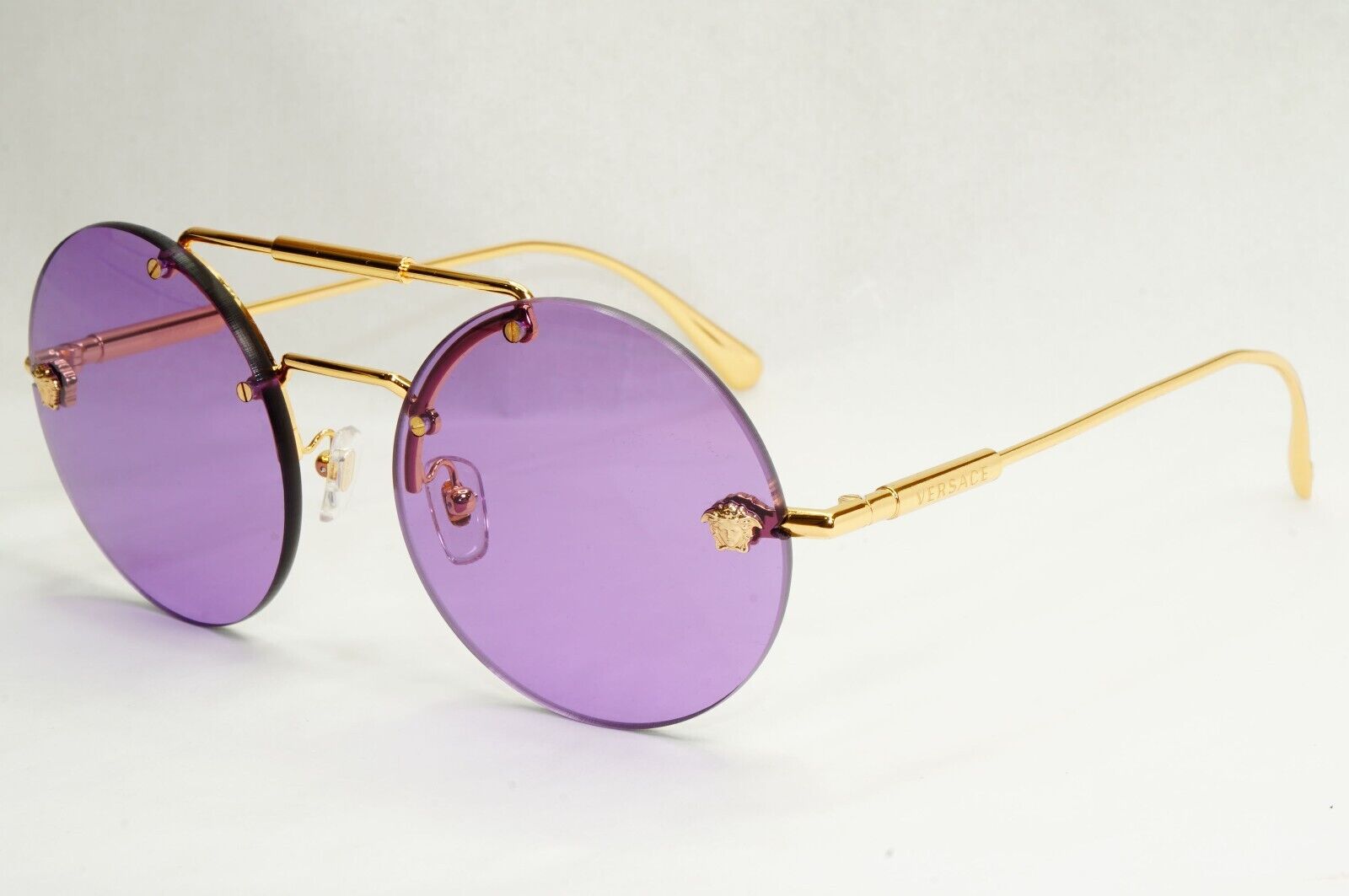 Versace Sunglasses Gold Round Rimless Medusa Violet MOD VE 2244 1002/69 56mm