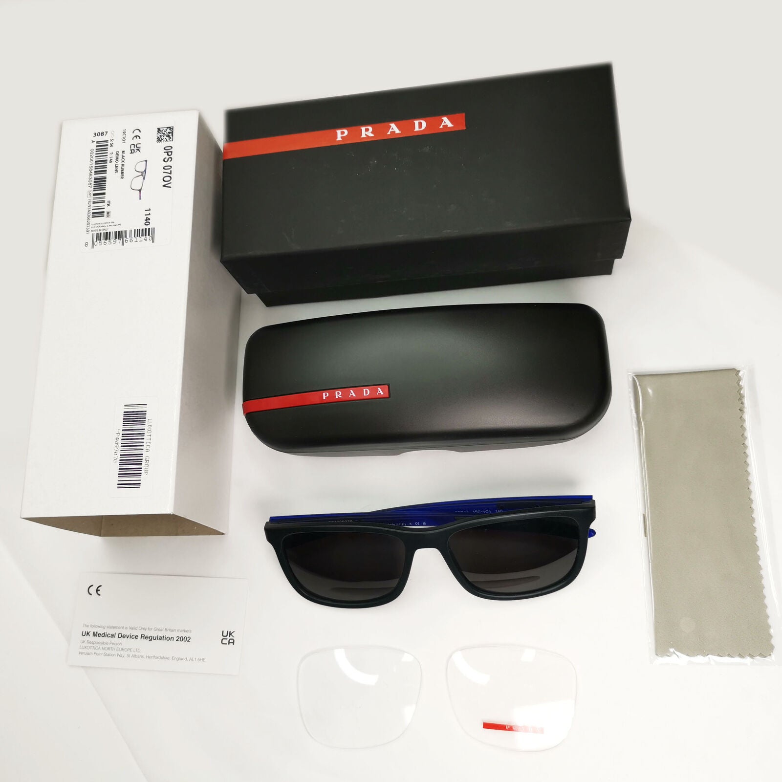 Prada Sunglasses Black Blue Rubber Square Red Stripe PS07OV VPS 07O 15C-1O1 56mm