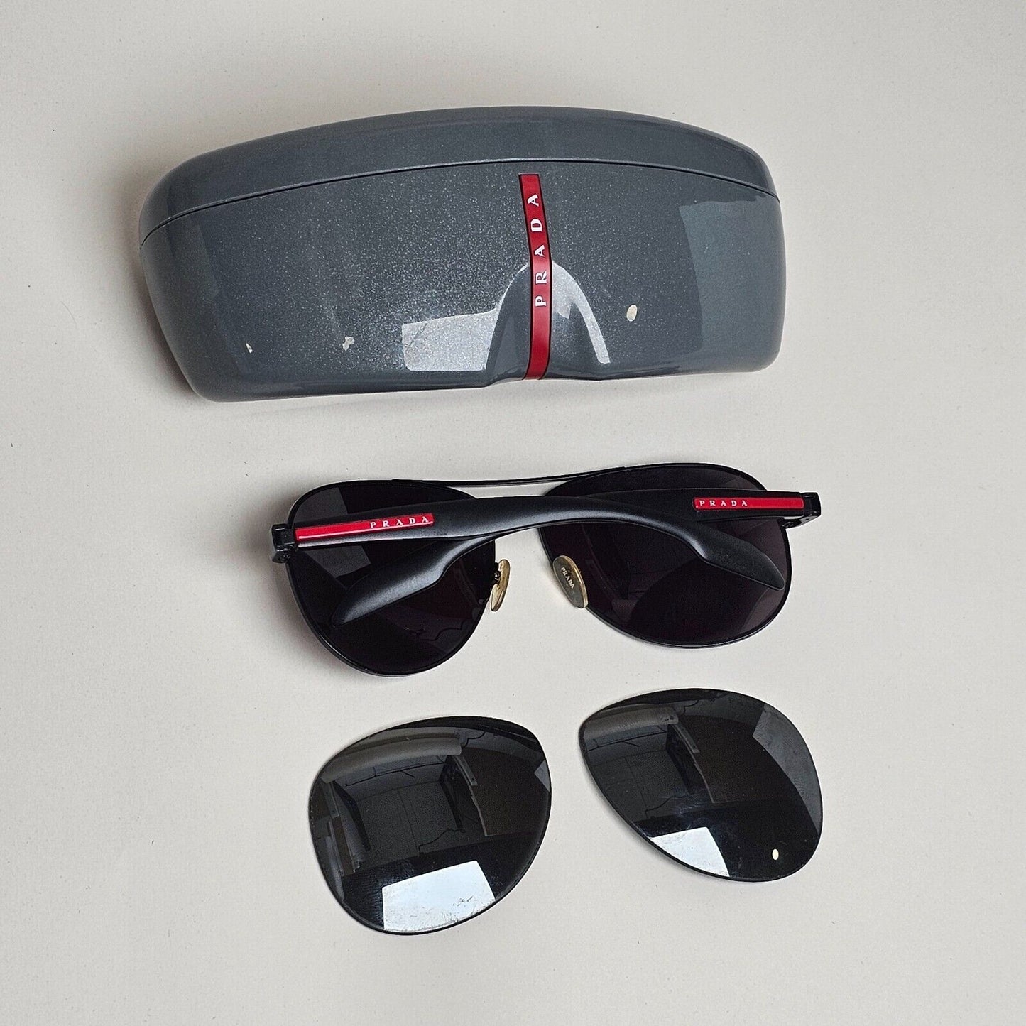 Prada Sunglasses Black Pilot Red Stripe PS53PS SPS 53P 1BO-7W1 62mm 110225