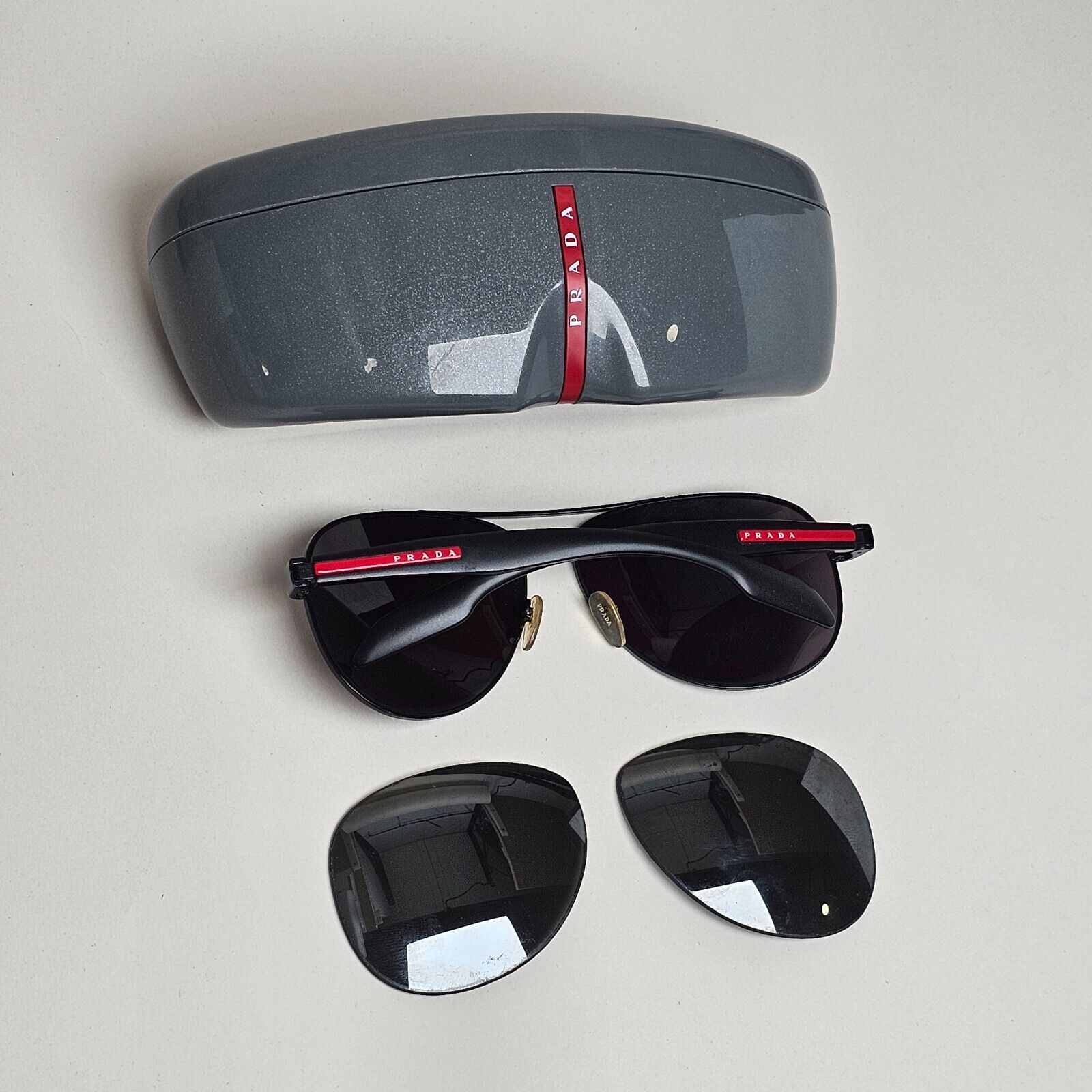 Prada Sunglasses Black Pilot Red Stripe PS53PS SPS 53P 1BO-7W1 62mm 110225